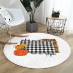 - RealHomes Dijital Baskılı Kaymaz Tabanlı Comfort Yuvarlak Halı - Realhomes  Beyaz Zeminde Ekose Desenli Bal Kabağı Motifli Dijital Baskılı Modern Turuncu Balkon Yıkanabilir Kaymaz Tabanlı Yuvarlak Halı Realhomes