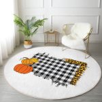 - RealHomes Dijital Baskılı Kaymaz Tabanlı Comfort Yuvarlak Halı - Realhomes  Beyaz Zeminde Ekose Desenli Bal Kabağı Motifli Dijital Baskılı Modern Turuncu Balkon Yıkanabilir Kaymaz Tabanlı Yuvarlak Halı Realhomes