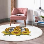Beyaz Emin Üzerinde Ayçiçek Desenli Balkabağı Dijital Baskılı Modern Gold Balkon Yıkanabilir Kaymaz Tabanlı Yuvarlak Halı Realhomes