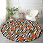 - RealHomes Dijital Baskılı Kaymaz Tabanlı Comfort Yuvarlak Halı - Realhomes  Siyah Beyaz Ekose Üzerinde Renkli Balkabağı Desenli Dijital Baskılı Modern Turuncu Balkon Yıkanabilir Kaymaz Tabanlı Yuvarlak Halı Realhomes