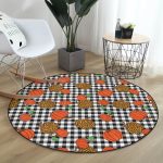 - RealHomes Dijital Baskılı Kaymaz Tabanlı Comfort Yuvarlak Halı - Realhomes  Siyah Beyaz Ekose Üzerinde Renkli Balkabağı Desenli Dijital Baskılı Modern Turuncu Balkon Yıkanabilir Kaymaz Tabanlı Yuvarlak Halı Realhomes