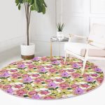 - RealHomes Dijital Baskılı Kaymaz Tabanlı Comfort Yuvarlak Halı - Realhomes  Beyaz Zeminde Çiçek Desenli Dijital Baskılı Modern Pembe Yatak Odası Yıkanabilir Kaymaz Tabanlı Yuvarlak Halı Realhomes