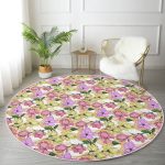 - RealHomes Dijital Baskılı Kaymaz Tabanlı Comfort Yuvarlak Halı - Realhomes  Beyaz Zeminde Çiçek Desenli Dijital Baskılı Modern Pembe Yatak Odası Yıkanabilir Kaymaz Tabanlı Yuvarlak Halı Realhomes