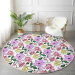 - RealHomes Dijital Baskılı Kaymaz Tabanlı Comfort Yuvarlak Halı - Realhomes  Beyaz Zeminde Renkli Çiçek Desenli Dijital Baskılı Modern Pembe Yatak Odası Yıkanabilir Kaymaz Tabanlı Yuvarlak Halı Realhomes