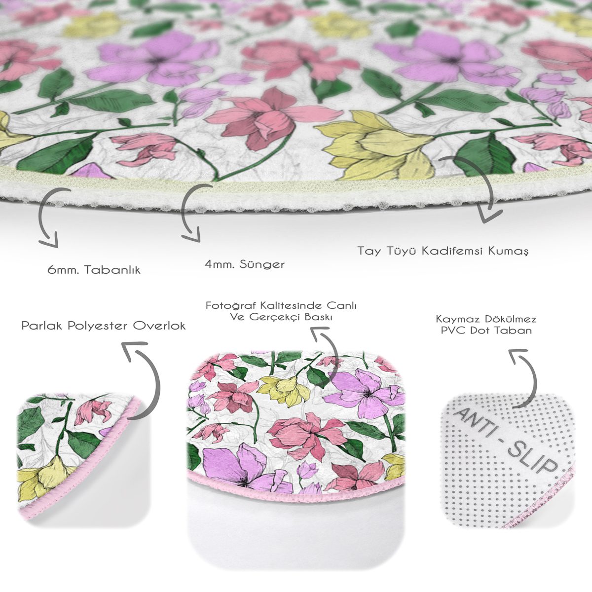 Beyaz Zeminde Renkli Çiçek Desenli Dijital Baskılı Modern Pembe Yatak Odası Yıkanabilir Kaymaz Tabanlı Yuvarlak Halı Realhomes