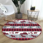 - RealHomes Dijital Baskılı Kaymaz Tabanlı Comfort Yuvarlak Halı - Realhomes  Beyaz Zeminde Ekose Desenli Geyik Dijital Baskılı Modern Bordo Koridor ve Antre Yıkanabilir Kaymaz Tabanlı Yuvarlak Halı Realhomes