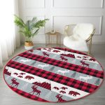 - RealHomes Dijital Baskılı Kaymaz Tabanlı Comfort Yuvarlak Halı - Realhomes  Beyaz Zeminde Ekose Desenli Geyik Dijital Baskılı Modern Bordo Koridor ve Antre Yıkanabilir Kaymaz Tabanlı Yuvarlak Halı Realhomes