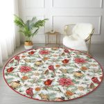 - RealHomes Dijital Baskılı Kaymaz Tabanlı Comfort Yuvarlak Halı - Realhomes Beyaz Zeminde Çiçek Desenli Dijital Baskılı Modern Bordo Outdoor Yıkanabilir Kaymaz Tabanlı Yuvarlak Halı Realhomes