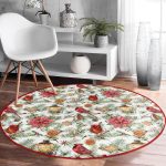 - RealHomes Dijital Baskılı Kaymaz Tabanlı Comfort Yuvarlak Halı - Realhomes Beyaz Zeminde Çiçek Desenli Dijital Baskılı Modern Bordo Outdoor Yıkanabilir Kaymaz Tabanlı Yuvarlak Halı Realhomes