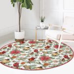 - RealHomes Dijital Baskılı Kaymaz Tabanlı Comfort Yuvarlak Halı - Realhomes Beyaz Zeminde Çiçek Desenli Dijital Baskılı Modern Bordo Outdoor Yıkanabilir Kaymaz Tabanlı Yuvarlak Halı Realhomes