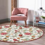 - RealHomes Dijital Baskılı Kaymaz Tabanlı Comfort Yuvarlak Halı - Realhomes Beyaz Zeminde Çiçek Desenli Dijital Baskılı Modern Bordo Outdoor Yıkanabilir Kaymaz Tabanlı Yuvarlak Halı Realhomes