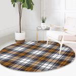 - RealHomes Dijital Baskılı Kaymaz Tabanlı Comfort Yuvarlak Halı - Realhomes Beyaz Zeminde Renkli Ekose Desenli Dijital Baskılı Modern Gold Ofis Yıkanabilir Kaymaz Tabanlı Yuvarlak Halı Realhomes