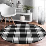 - RealHomes Dijital Baskılı Kaymaz Tabanlı Comfort Yuvarlak Halı - Realhomes  Beyaz Zeminde Siyah Ekose Desenli Dijital Baskılı Modern Ofis Yıkanabilir Kaymaz Tabanlı Yuvarlak Halı Realhomes