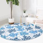 - RealHomes Dijital Baskılı Kaymaz Tabanlı Comfort Yuvarlak Halı - Realhomes Beyaz Zeminde Mavi Renkli Deniz Otu Dijital Baskılı Modern Lacivert Banyo Yıkanabilir Kaymaz Tabanlı Yuvarlak Halı Realhomes