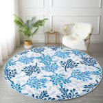 - RealHomes Dijital Baskılı Kaymaz Tabanlı Comfort Yuvarlak Halı - Realhomes Beyaz Zeminde Mavi Renkli Deniz Otu Dijital Baskılı Modern Lacivert Banyo Yıkanabilir Kaymaz Tabanlı Yuvarlak Halı Realhomes