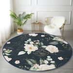 - RealHomes Dijital Baskılı Kaymaz Tabanlı Comfort Yuvarlak Halı - Realhomes Renkli Zeminde Beyaz Çiçek Desenli Dijital Baskılı Modern Salon ve Oturma Odası Yıkanabilir Kaymaz Tabanlı Yuvarlak Halı Realhomes