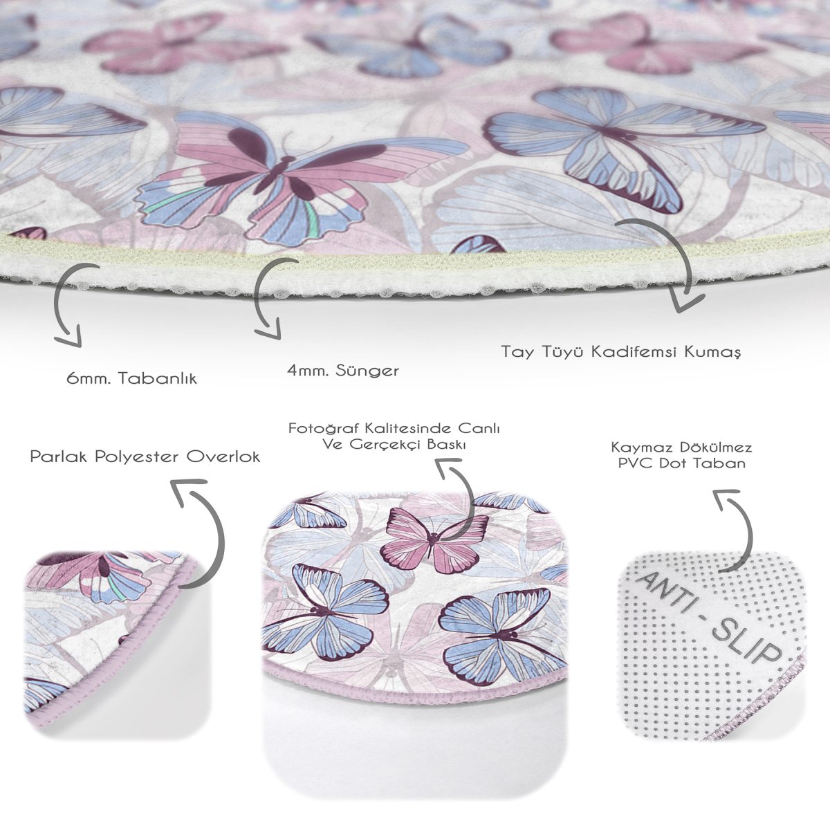 Beyaz Zeminde Renkli Kelebek Desenli Dijital Baskılı Modern Pembe Yatak Odası Yıkanabilir Kaymaz Tabanlı Yuvarlak Halı Realhomes