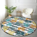 Beyaz Zeminde Siyah Çizgili Renkli Yaprak Desenli Dijital Baskılı Modern Outdoor Yıkanabilir Kaymaz Tabanlı Yuvarlak Halı Realhomes