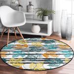 Beyaz Zeminde Siyah Çizgili Renkli Yaprak Desenli Dijital Baskılı Modern Outdoor Yıkanabilir Kaymaz Tabanlı Yuvarlak Halı Realhomes