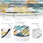 Beyaz Zeminde Siyah Çizgili Renkli Yaprak Desenli Dijital Baskılı Modern Outdoor Yıkanabilir Kaymaz Tabanlı Yuvarlak Halı Realhomes