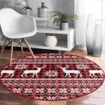 Kırmızı Ekose Desenli Geyik Motifli Dijital Baskılı Modern Bordo Koridor ve Antre Yıkanabilir Kaymaz Tabanlı Yuvarlak Halı Realhomes