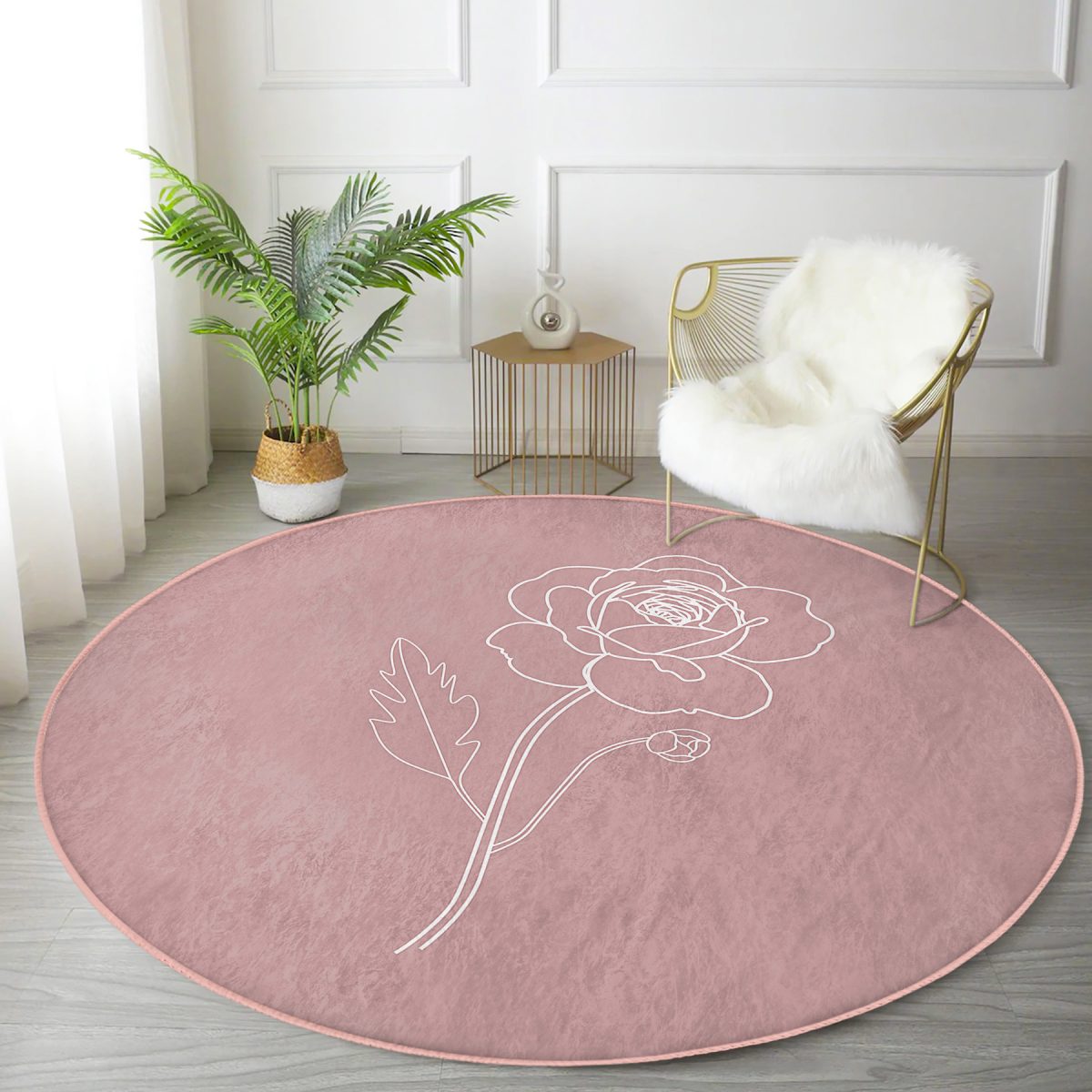 Pastel Zeminde Beyaz Çiçek Desenli Dijital Baskılı Modern Turuncu Salon ve Oturma Odası Yıkanabilir Kaymaz Tabanlı Yuvarlak Halı Realhomes