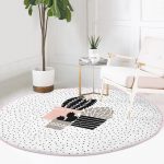Beyaz Zeminde Siyah Puantiyeli Kaktüs Desenli Dijital Baskılı Modern Pembe Mutfak Yıkanabilir Kaymaz Tabanlı Yuvarlak Halı Realhomes