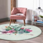 Renkli Zeminde Oklu Kaktüs Desenli Dijital Baskılı Modern Yeşil Outdoor Yıkanabilir Kaymaz Tabanlı Yuvarlak Halı Realhomes