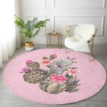 - RealHomes Dijital Baskılı Kaymaz Tabanlı Comfort Yuvarlak Halı - Realhomes  Renkli Zeminde Kaktüs Desenli Dijital Baskılı Modern Pembe Koridor ve Antre Yıkanabilir Kaymaz Tabanlı Yuvarlak Halı Realhomes