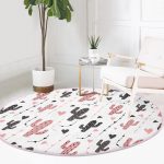 Beyaz Zeminde Renkli Kaktüs Desenli Dijital Baskılı Modern Pembe Salon ve Oturma Odası Yıkanabilir Kaymaz Tabanlı Yuvarlak Halı Realhomes