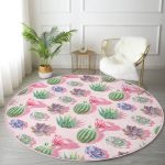 Renkli Zeminde Kaktüs Desenli Dijital Baskılı Modern Yeşil Koridor ve Antre Yıkanabilir Kaymaz Tabanlı Yuvarlak Halı Realhomes