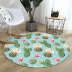 Renkli Zeminde Kaktüs Desenli Dijital Baskılı Modern Yeşil Mutfak Yıkanabilir Kaymaz Tabanlı Yuvarlak Halı Realhomes