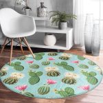 Renkli Zeminde Kaktüs Desenli Dijital Baskılı Modern Yeşil Mutfak Yıkanabilir Kaymaz Tabanlı Yuvarlak Halı Realhomes