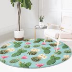 Renkli Zeminde Kaktüs Desenli Dijital Baskılı Modern Yeşil Mutfak Yıkanabilir Kaymaz Tabanlı Yuvarlak Halı Realhomes