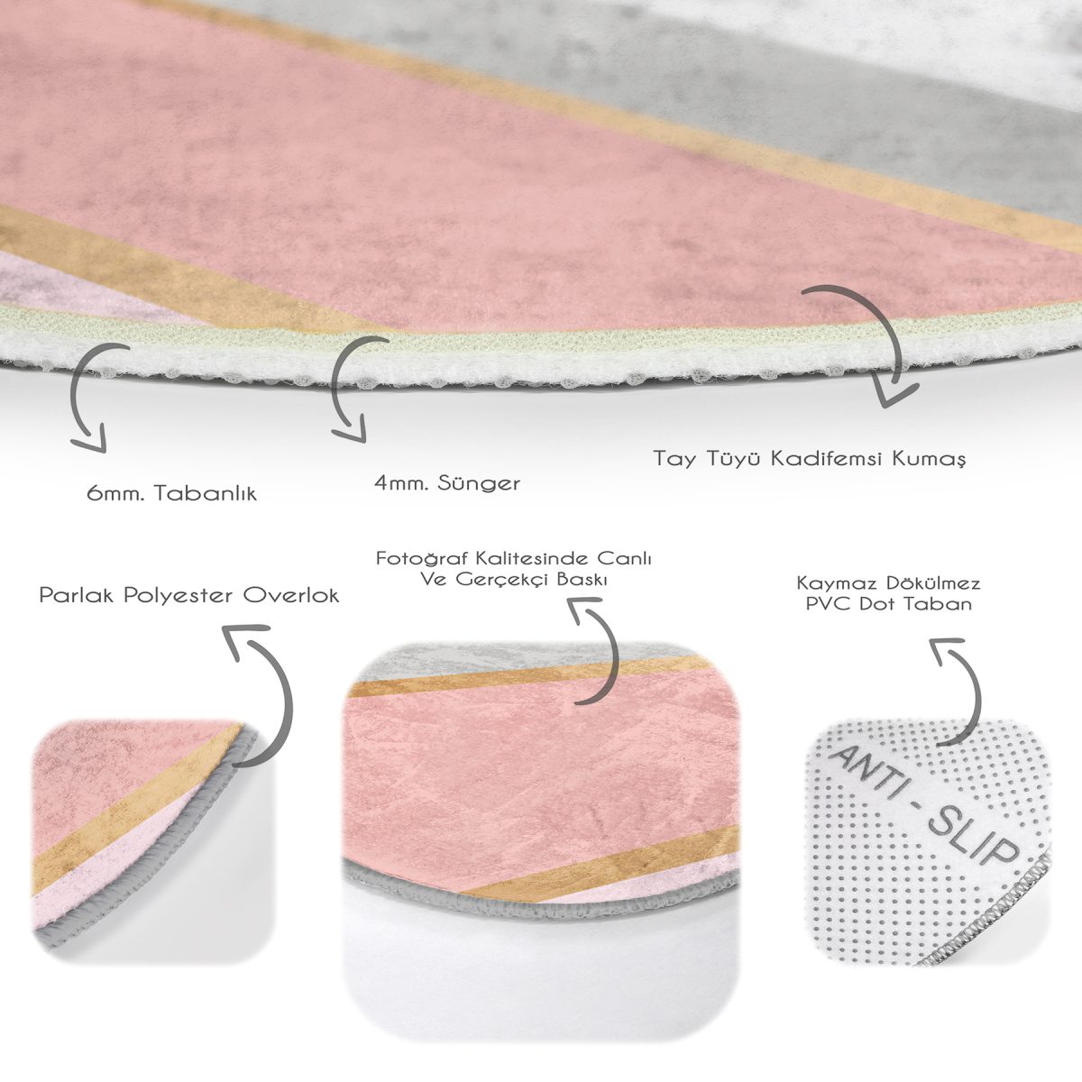 Renkli Geometrik Desenli Mermer Motifli Dijital Baskılı Modern Pembe Banyo Yıkanabilir Kaymaz Tabanlı Yuvarlak Halı Realhomes
