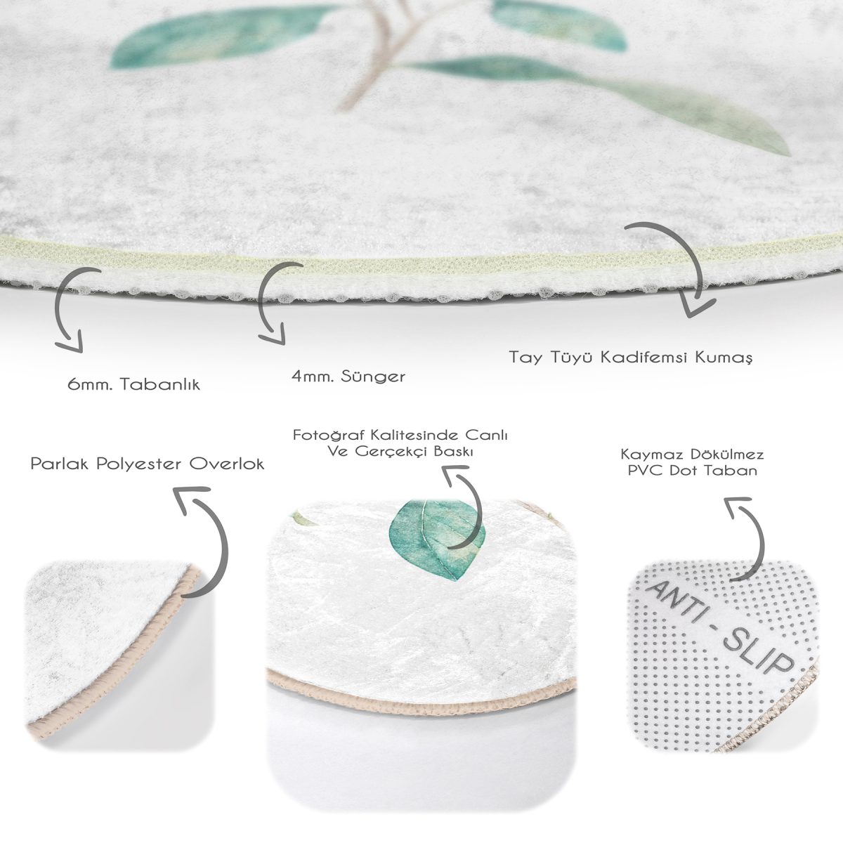 Beyaz Zeminli Renkli Ortanca Çiçek Motifli Dijital Baskılı Modern Pembe Banyo Yıkanabilir Kaymaz Tabanlı Yuvarlak Halı Realhomes