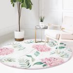 - RealHomes Dijital Baskılı Kaymaz Tabanlı Comfort Yuvarlak Halı - Realhomes  Beyaz Zeminli Yeşil Yapraklı Ortanca Çiçek Dijital Baskılı Modern Pembe Mutfak Yıkanabilir Kaymaz Tabanlı Yuvarlak Halı Realhomes