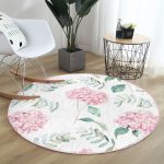 - RealHomes Dijital Baskılı Kaymaz Tabanlı Comfort Yuvarlak Halı - Realhomes  Beyaz Zeminli Yeşil Yapraklı Ortanca Çiçek Dijital Baskılı Modern Pembe Mutfak Yıkanabilir Kaymaz Tabanlı Yuvarlak Halı Realhomes