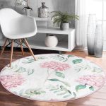 - RealHomes Dijital Baskılı Kaymaz Tabanlı Comfort Yuvarlak Halı - Realhomes  Beyaz Zeminli Yeşil Yapraklı Ortanca Çiçek Dijital Baskılı Modern Pembe Mutfak Yıkanabilir Kaymaz Tabanlı Yuvarlak Halı Realhomes