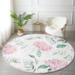 - RealHomes Dijital Baskılı Kaymaz Tabanlı Comfort Yuvarlak Halı - Realhomes  Beyaz Zeminli Yeşil Yapraklı Ortanca Çiçek Dijital Baskılı Modern Pembe Mutfak Yıkanabilir Kaymaz Tabanlı Yuvarlak Halı Realhomes