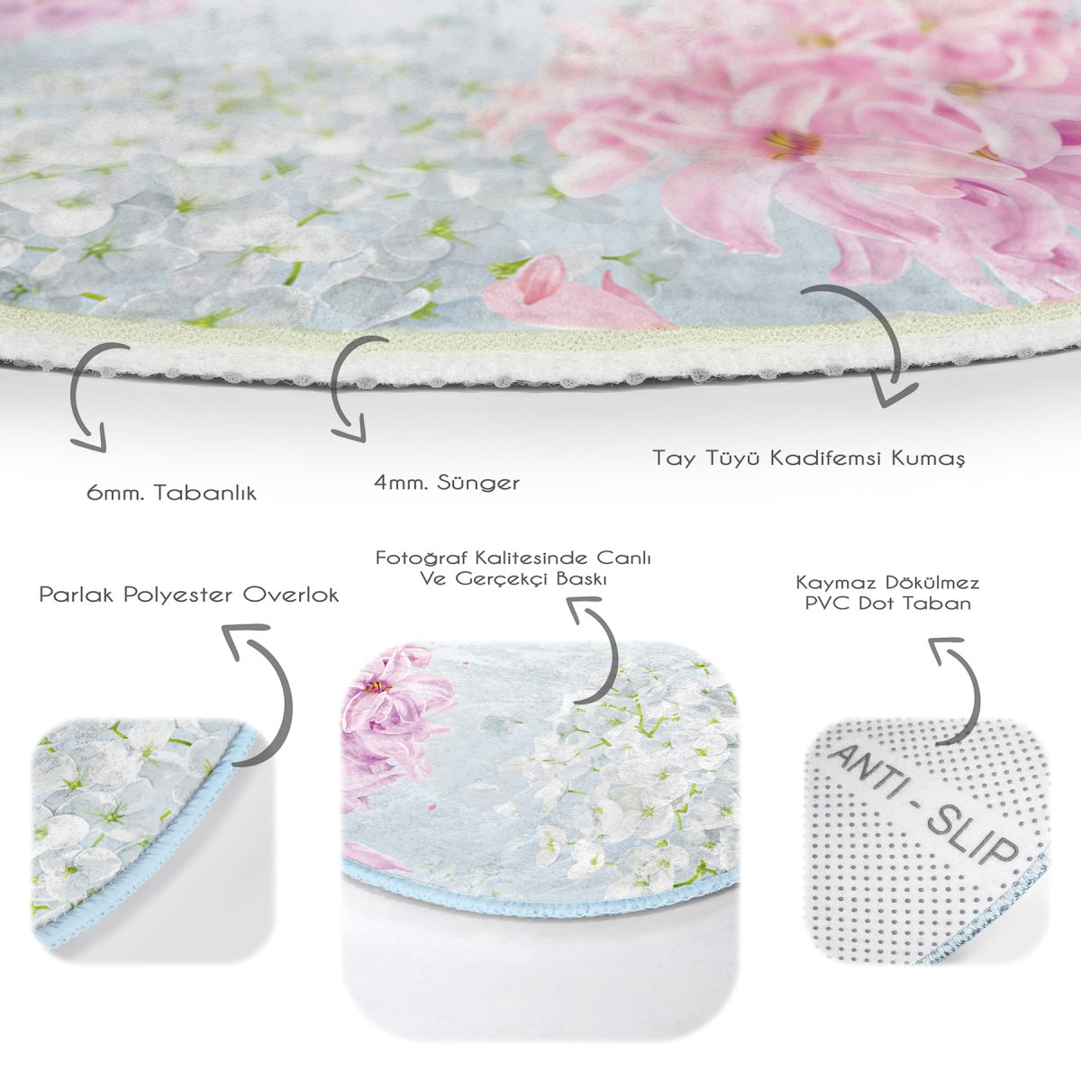 Pastel Zeminli Renkli Ortanca Çiçek Dijital Baskılı Modern Pembe Yatak Odası Yıkanabilir Kaymaz Tabanlı Yuvarlak Halı Realhomes