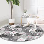 Sevimli Kedi Motifli Dijital Baskılı Özel Tasarım Modern Gri Çocuk ve Genç Odası Yıkanabilir Kaymaz Tabanlı Yuvarlak Halı Realhomes