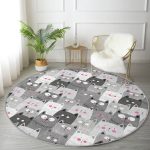 Sevimli Kedi Motifli Dijital Baskılı Özel Tasarım Modern Gri Çocuk ve Genç Odası Yıkanabilir Kaymaz Tabanlı Yuvarlak Halı Realhomes