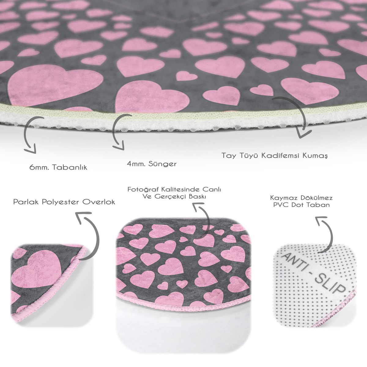 Sevgililer Günü Temalı Özel Tasarım Dijital Baskılı Modern Pembe Yatak Odası Yıkanabilir Kaymaz Tabanlı Yuvarlak Halı Realhomes