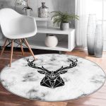 - RealHomes Dijital Baskılı Kaymaz Tabanlı Comfort Yuvarlak Halı - Realhomes  Mermer Zeminde Geyik Motifli Özel Tasarım Modern Siyah Salon ve Oturma Odası Yıkanabilir Kaymaz Tabanlı Yuvarlak Halı Realhomes