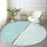 - RealHomes Dijital Baskılı Kaymaz Tabanlı Comfort Yuvarlak Halı - Realhomes  Mint Yeşili ve Beyaz Ogea Desenli Dijital Baskılı Modern Turkuaz Koridor Antre Yıkanabilir Kaymaz Tabanlı Yuvarlak Halı Realhomes