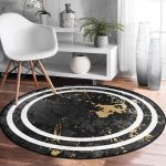 - RealHomes Dijital Baskılı Kaymaz Tabanlı Comfort Yuvarlak Halı - Realhomes Siyah Mermer Motifli Beyaz Borderli Salon ve Oturma Odası Yıkanabilir Kaymaz Tabanlı Yuvarlak Halı Realhomes