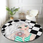 Dama Zeminli Fotoğraf Çeken Kız Tasarımlı Dijital Baskılı Modern Yeşil Çocuk ve Genç Odası Yıkanabilir Kaymaz Tabanlı Yuvarlak Halı Realhomes