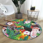 - RealHomes Dijital Baskılı Kaymaz Tabanlı Comfort Yuvarlak Halı - Realhomes Realhomes Tropik Yapraklar Papagan Tasarımlı Renkli Outdoor Yıkanabilir Kaymaz Tabanlı Yuvarlak Kadife Halı Realhomes