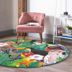 - RealHomes Dijital Baskılı Kaymaz Tabanlı Comfort Yuvarlak Halı - Realhomes Realhomes Tropik Yapraklar Papagan Tasarımlı Renkli Outdoor Yıkanabilir Kaymaz Tabanlı Yuvarlak Kadife Halı Realhomes